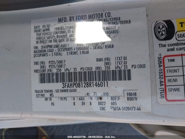 Aukcja sprzedaży 2008 Ford Fusion Sel, vin: 3FAHP08128R146011, numer aukcji: 40020706