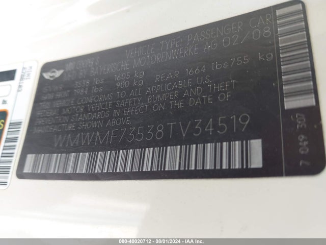 2008 MINI COOPER S WMWMF73538TV34519 Photo 8