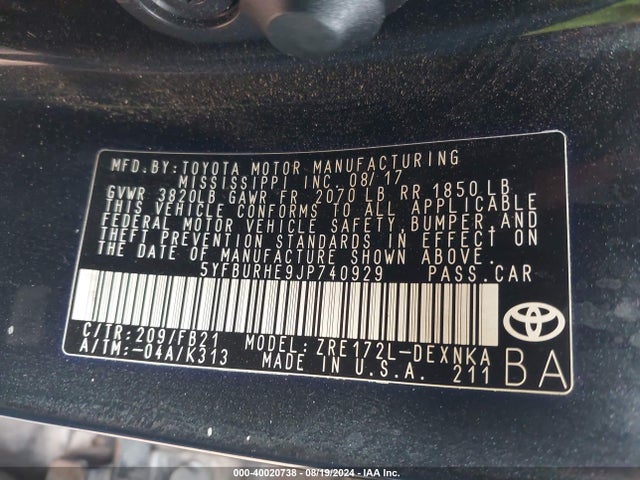 Toyota COROLLA LE 2018 5YFBURHE9JP740929 Image 9
