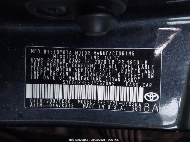 Toyota COROLLA SE 2018 5YFBURHE5JP767092 Image 9