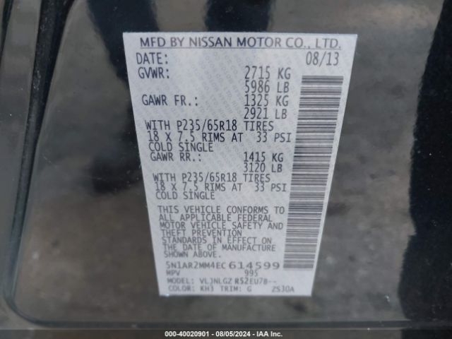 5N1AR2MM4EC614599 Nissan Pathfinder Sl