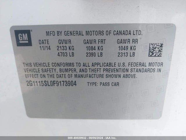 Chevrolet IMPALA 1LT 2015 2G1115SL0F9173904 Image 9