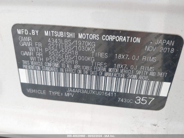 2019 MITSUBISHI OUTLANDER SPORT JA4AR3AU7KU016411 Photo 8