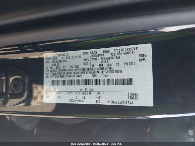 1FTVW1EL5NWG15421 Ford F-150 Lightning Lariat