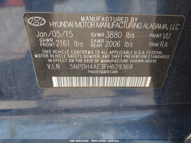 Hyundai ELANTRA SE 2015 5NPDH4AE3FH629369 Image 9