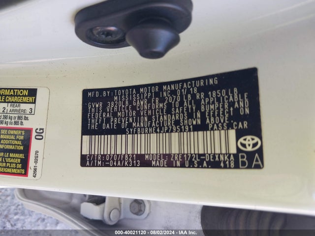 Toyota COROLLA LE 2018 5YFBURHE4JP795191 Image 9