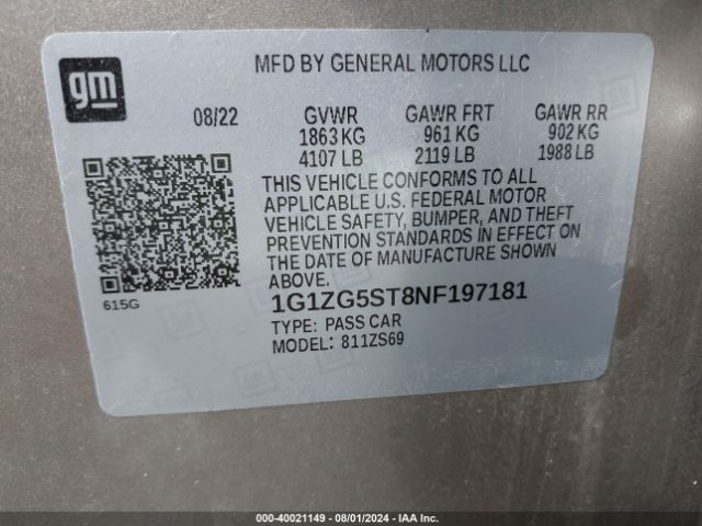 1G1ZG5ST8NF197181 Chevrolet Malibu Fwd Rs