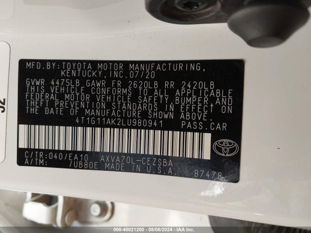 Toyota CAMRY SE 2020 4T1G11AK2LU980941 Image 9