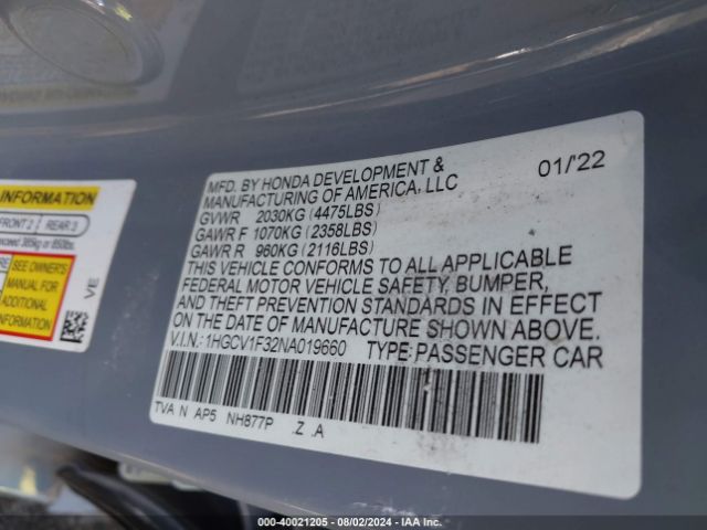1HGCV1F32NA019660 Honda Accord Sport