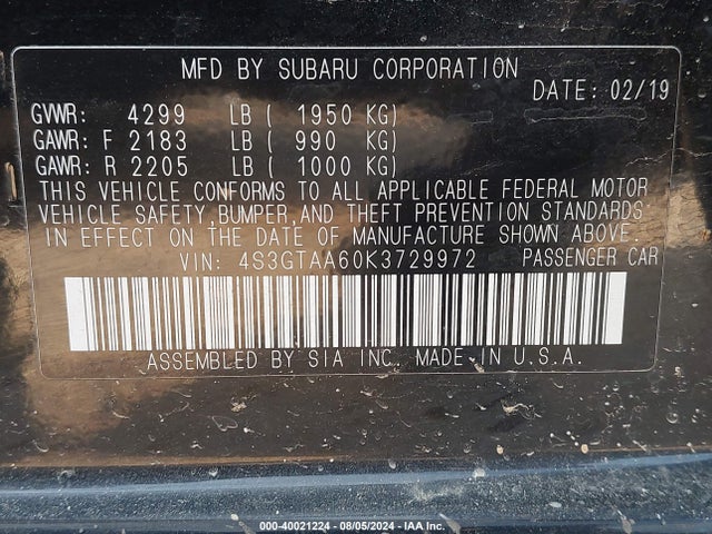 Subaru Impreza 2.0i 2019 4S3GTAA60K3729972 Image 9