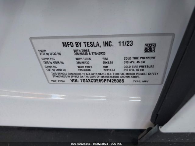 7SAXCDE59PF425085 Tesla Model X Dual Motor All-wheel Drive/standard Range