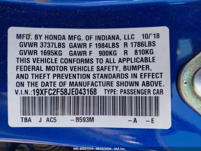 Aukcja sprzedaży 2018 Honda Civic Lx, vin: 19XFC2F58JE043168, numer aukcji: 40021313