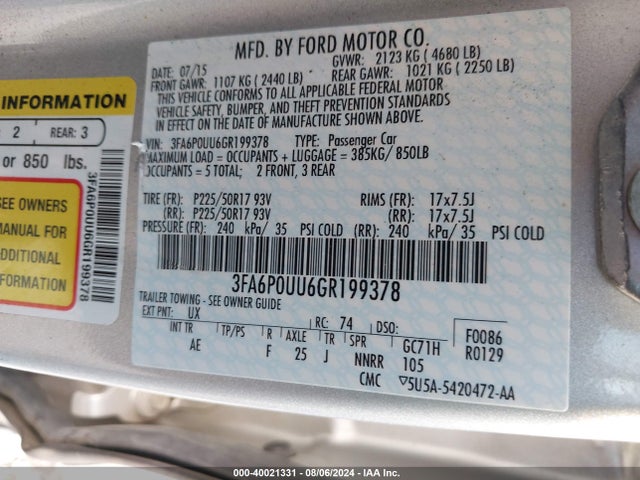 Ford Fusion Hybrid S 2016 3FA6P0UU6GR199378 Image 9