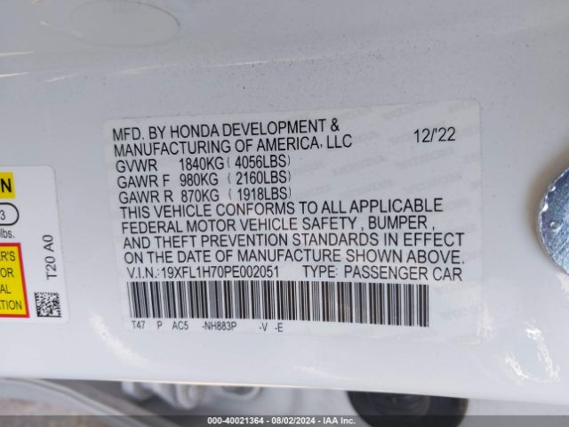 19XFL1H70PE002051 Honda Civic Ex-l /ex-l W/o Bsi