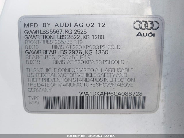 2012 AUDI Q5 WA1DKAFP6CA088728 Photo 8