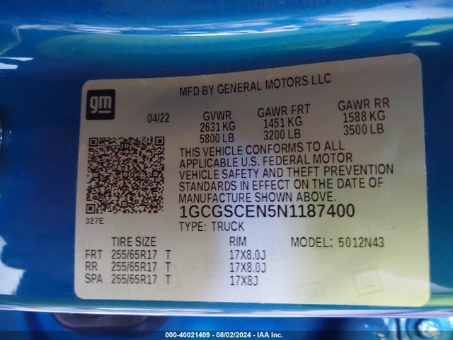 1GCGSCEN5N1187400 Chevrolet Colorado 2wd  Short Box Lt