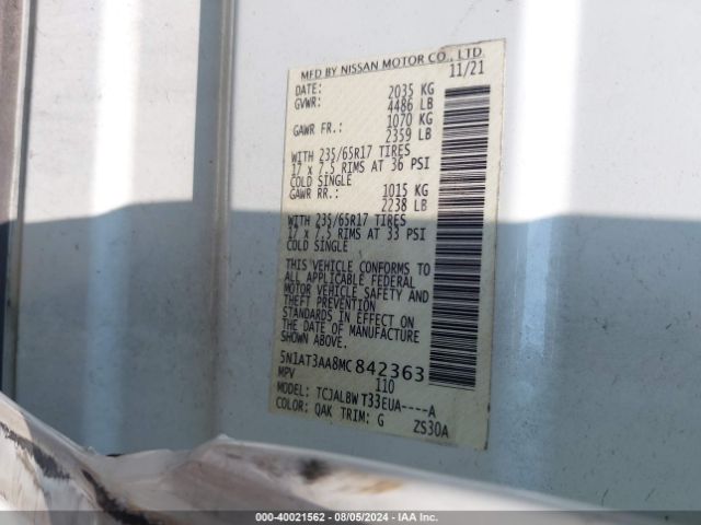 5N1AT3AA8MC842363 Nissan Rogue S Fwd