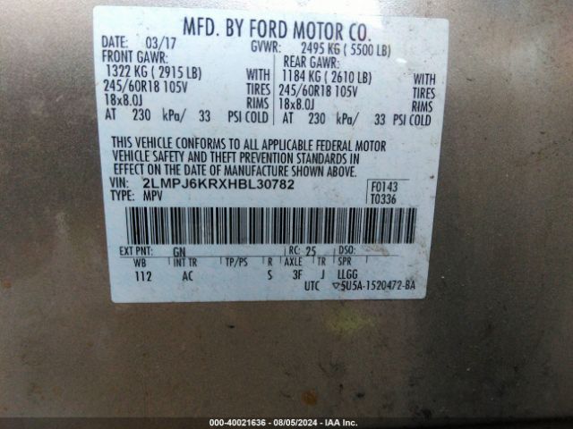 2LMPJ6KRXHBL30782 Lincoln Mkx Select