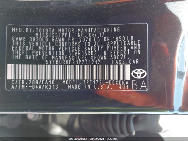 Toyota COROLLA L 2017 5YFBURHE2HP711217 Image 9
