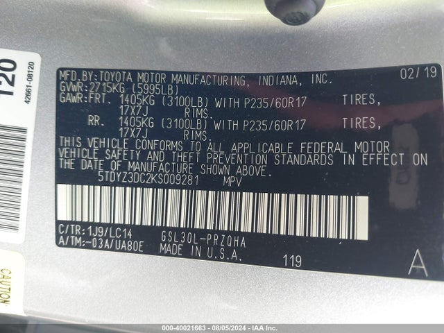 Toyota Sienna Xle 8 Passenger 2019 5TDYZ3DC2KS009281 Image 9