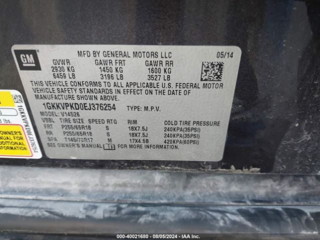 1GKKVPKD0EJ376254 GMC Acadia Sle-2