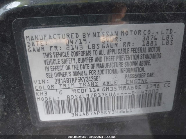 Nissan SENTRA S 2019 3N1AB7AP5KY343661 Image 9