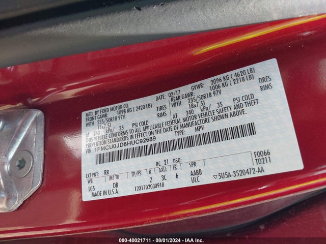 Ford Escape Titanium 2017 1FMCU0JD6HUC92689 Image 9