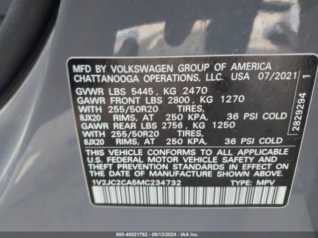 1V2JC2CA5MC234732 Volkswagen Atlas Cross Sport 2.0t Se W/technology