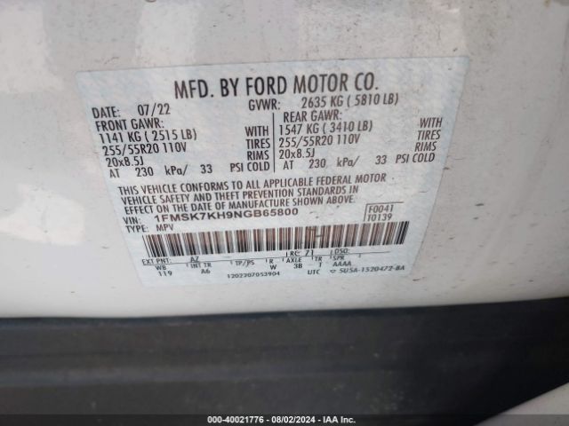 1FMSK7KH9NGB65800 Ford Explorer St-line