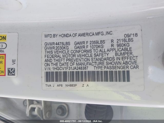 1HGCV1F31JA248387 Honda Accord Sport
