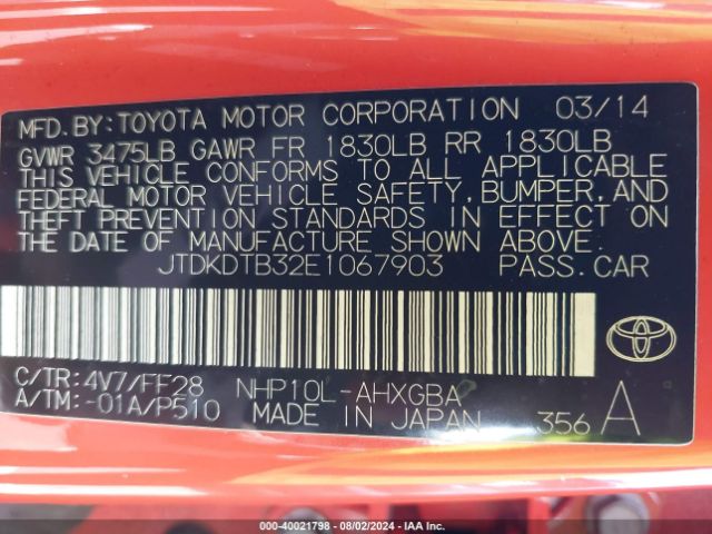 JTDKDTB32E1067903 Toyota Prius C Three