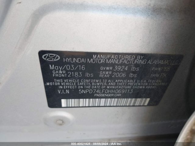 5NPD74LF0HH069113 Hyundai ELANTRA SE