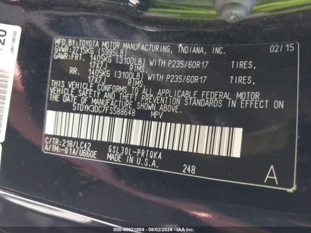 5TDYK3DC7FS588648 Toyota Sienna Xle 8 Passenger