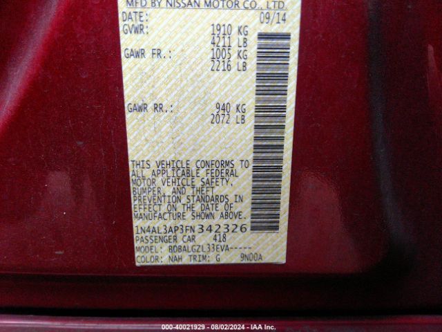 1N4AL3AP3FN342326 Nissan Altima 2.5/2.5 S/2.5 Sl/2.5 Sv