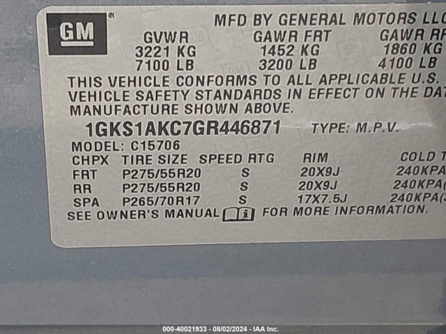 1GKS1AKC7GR446871 GMC YUKON SLE