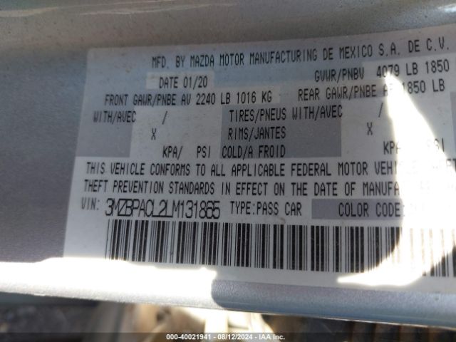 3MZBPACL2LM131865 Mazda Mazda3 Select Package