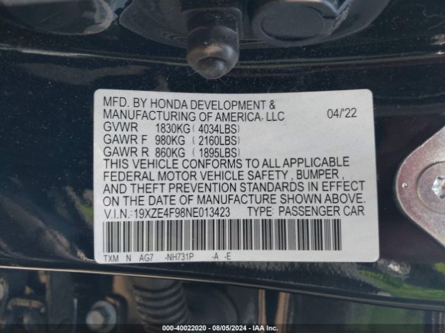 19XZE4F98NE013423 Honda Insight Touring