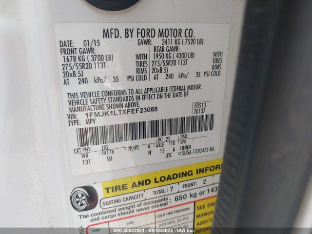 Ford Expedition El Platinum 2015 1FMJK1LTXFEF23088 Image 9