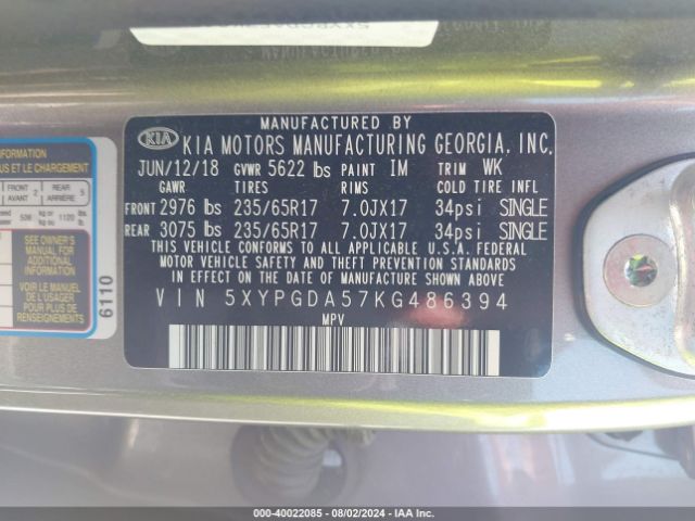 5XYPGDA57KG486394 KIA Sorento 3.3l Lx