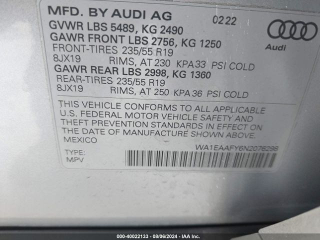 WA1EAAFY6N2076298 Audi Q5 Premium Plus 45 Tfsi S Line Quattro S Tronic