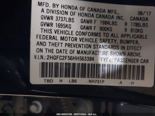 Honda Civic Lx 2017 2HGFC2F56HH563384 Image 9