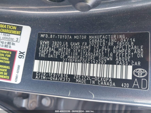 Toyota Corolla Le Eco 2014 2T1BPRHE0EC142287 Image 9