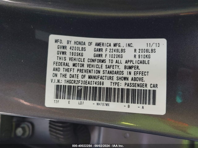 Honda ACCORD LX 2014 1HGCR2F30EA074568 Image 9