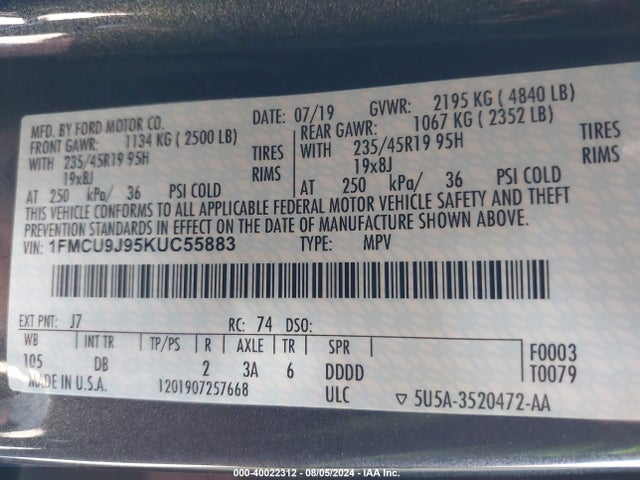Ford Escape Titanium 2019 1FMCU9J95KUC55883 Image 9
