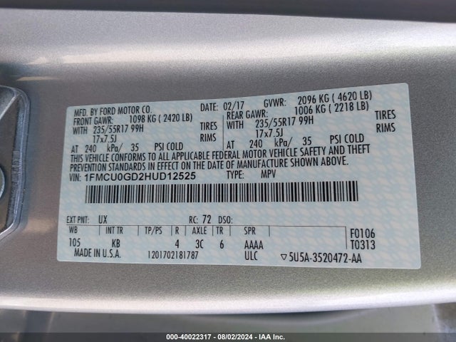 Ford ESCAPE SE 2017 1FMCU0GD2HUD12525 Image 9