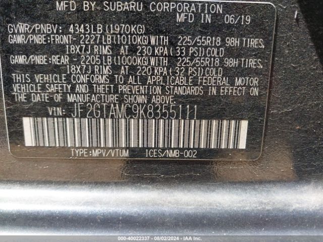 JF2GTAMC9K8355111 Subaru Crosstrek 2.0i Limited
