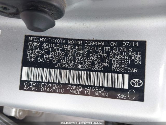 JTDKN3DU4E0392805 Toyota Prius Two
