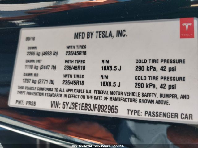 5YJ3E1EB3JF092965 Tesla Model 3 Long Range/performance