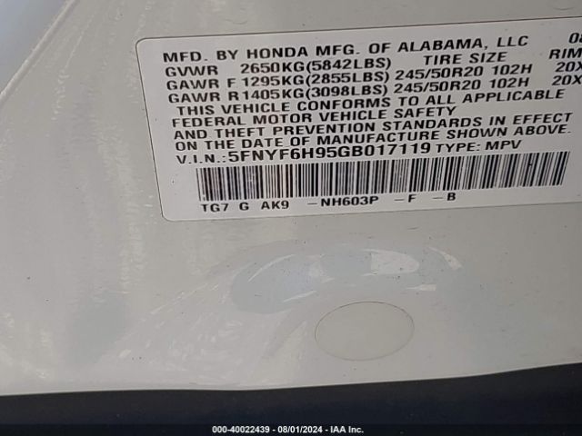 5FNYF6H95GB017119 Honda Pilot Touring