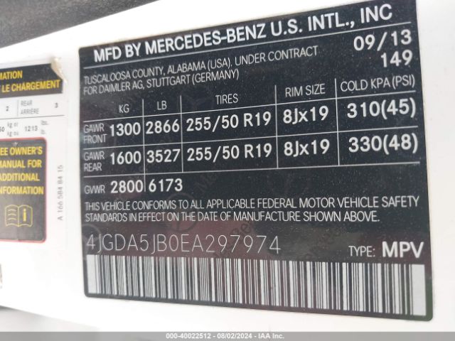 4JGDA5JB0EA297974 Mercedes-Benz ML 350